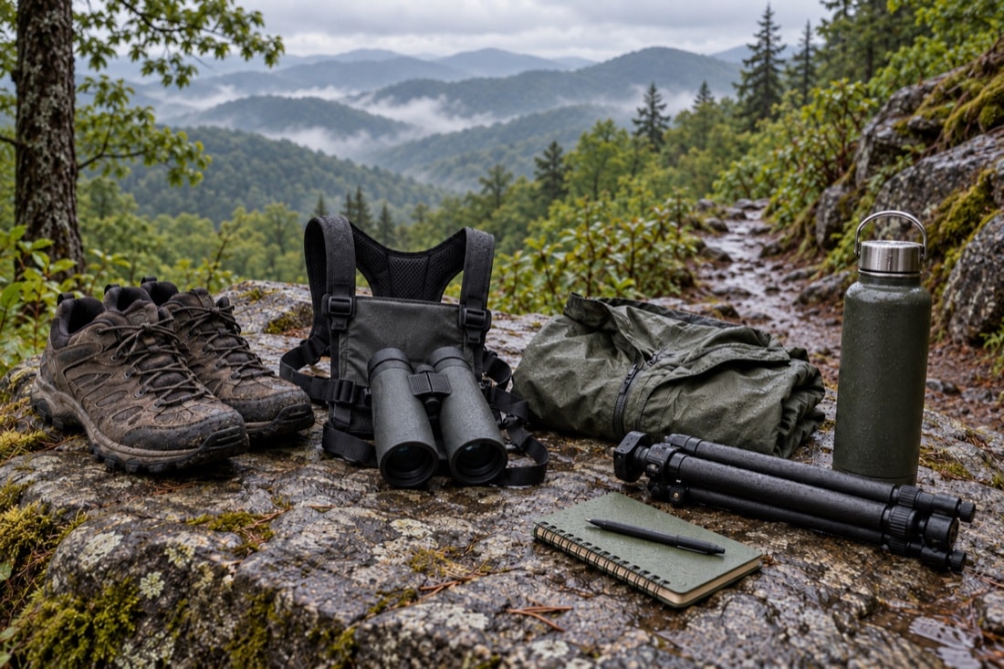 Binoculars, notebook, water and layered clothing arranged for a mountain outing