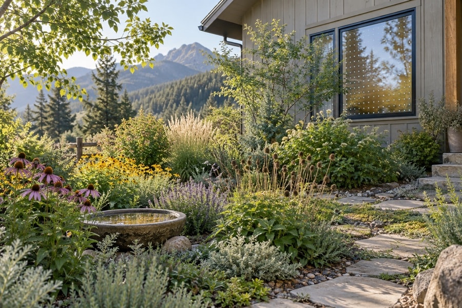 A layered garden with shrubs, seed heads, groundcover, water and patterned exterior glass