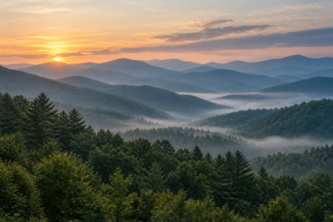 Layered Blue Ridge mountains at dawn