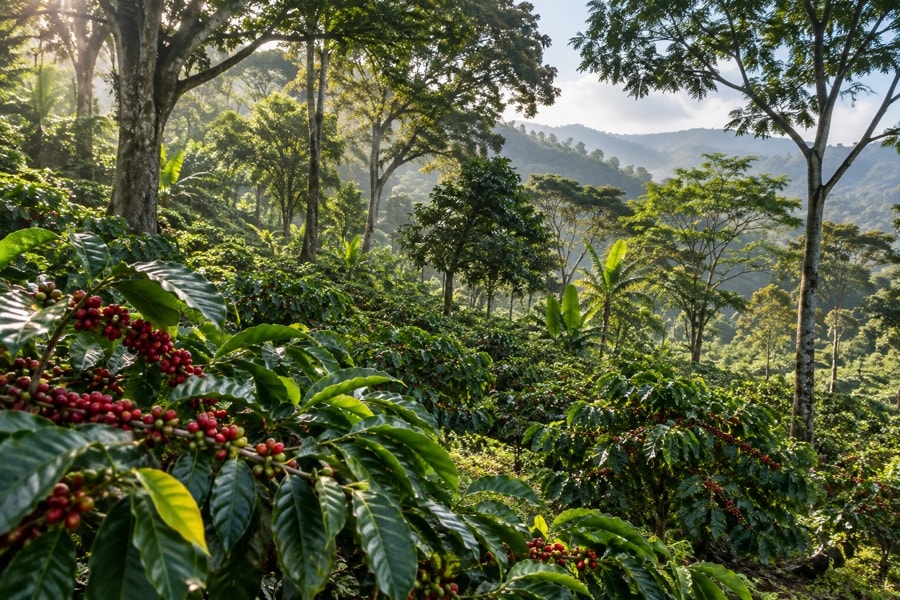 Coffee shrubs growing beneath a layered tropical tree canopy