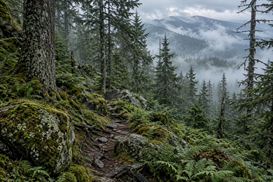 Clouds moving through a high-elevation spruce and fir forest